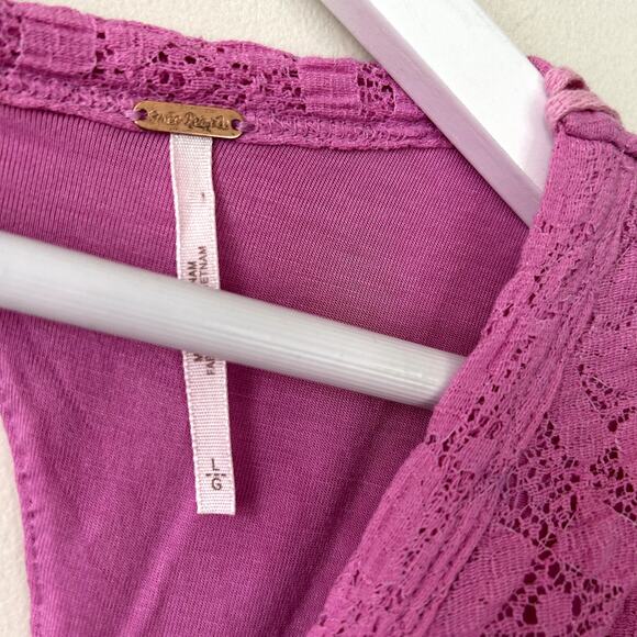Free People Tea Time Top Pink Lace Size L Keyhole Coquette Plumeria Puff Sleeve - Picture 4 of 6